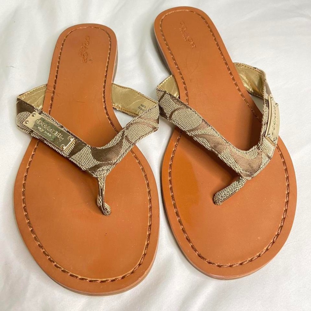 Coach tan and gold 2 strap sandal/flip flop size 7